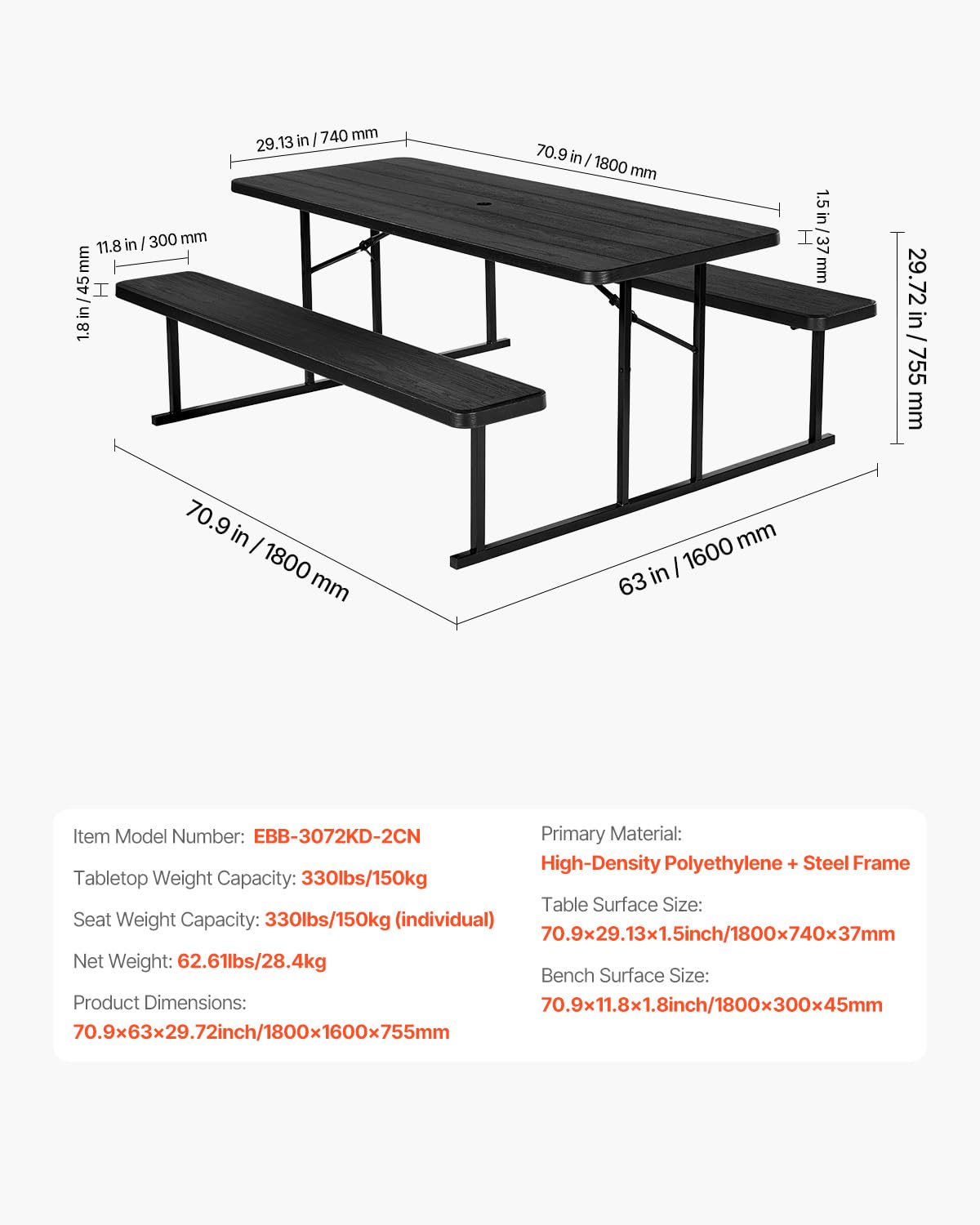 VEVOR Mesa de Pícnic Plegable 180 x 74 x 3,7 cm con Bancos de 180 x 30 x 4,5 mm Estructura de Acero Mesa de Comedor Interior Exterior con Orificio para Sombrilla para Patio, Jardín, Piscina, Negro