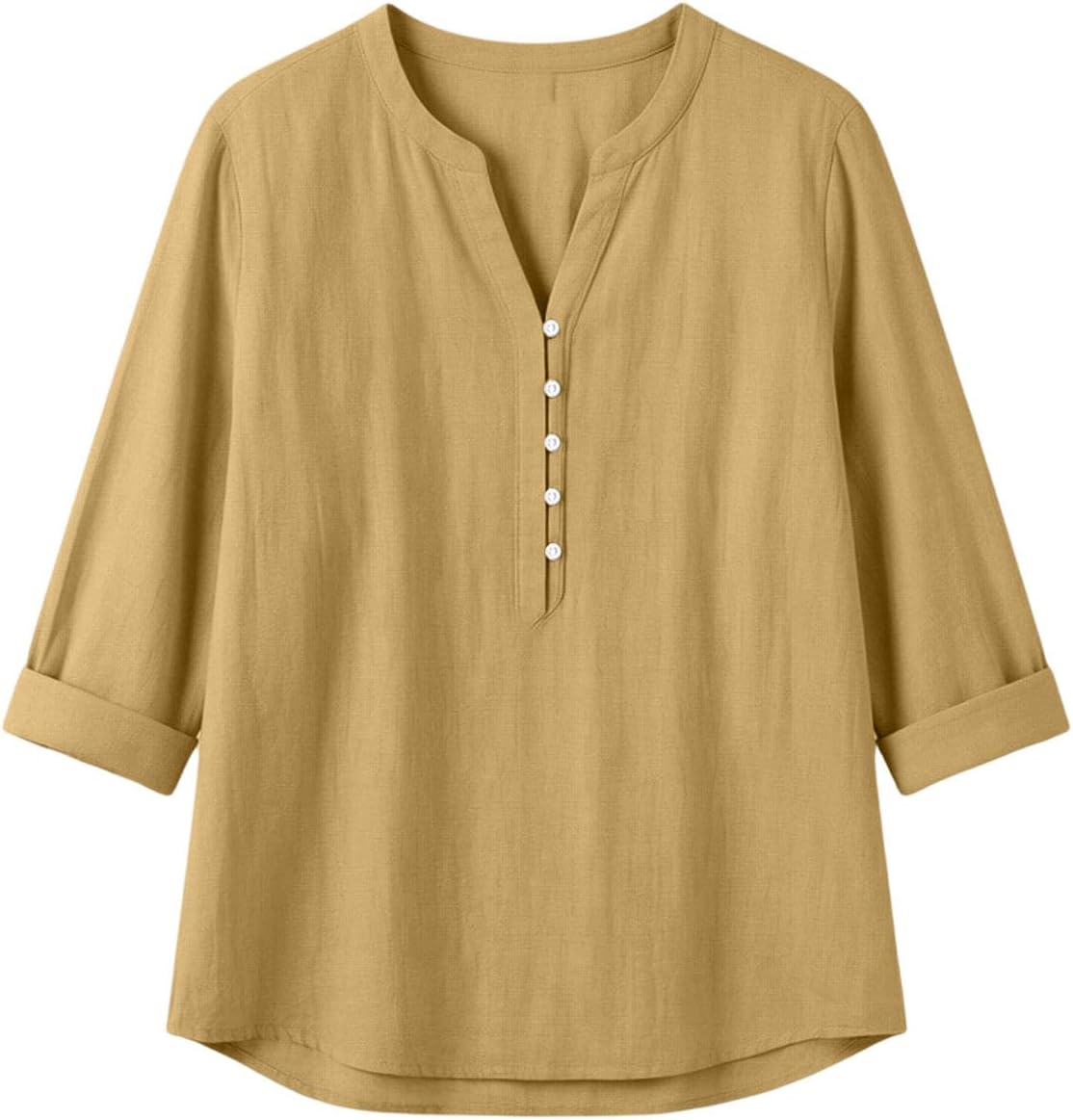 Henley Shirt for Women V Neck Button Up Long Sleeve Casual Cotton Linen Top | Relaxed Fit Blouse with Notched Collar Button Placket, Breathable Cotton Linen, Roll Up Sleeve, for Work Travel Weekend