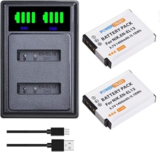 PowerTrust 2Pcs EN-EL12 Battery and Charger for Nikon Coolpix A1000 S9900s A900 S9700 W300 B600 S9600 S32 S31 P310 AW110s AW120 S9400 S800c S9050 S1200pj S1200pj