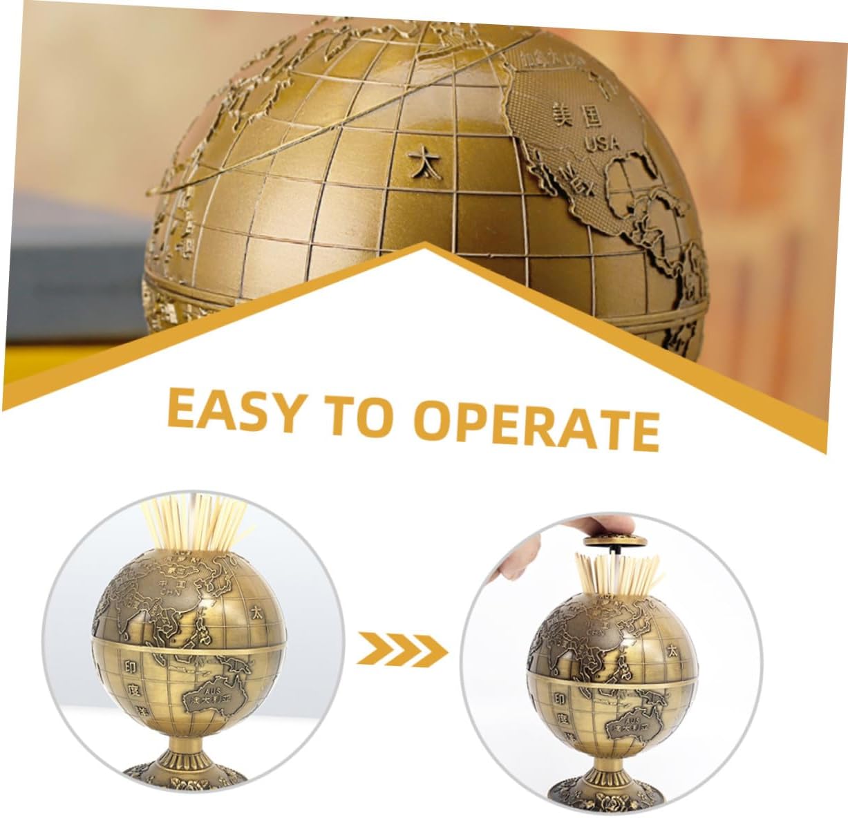 Sphere-shaped Toothpick Holder Press-type Toothpick Box Vintage Copper Storage Case 360° Rotatable Globe Design for Home and Kitchen Desktop Use