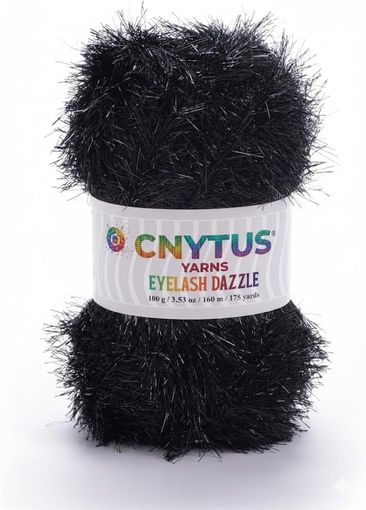 Sparkle Eyelash Dazzle Fun Fur Yarn for Knitting & Crochet | Super Soft Chunky Fuzzy Fiber for Doll Hair, Scarves & Crafts |100 gr. / 3.53 oz. - 160 Mt. / 175 Yards (1Skein, Black)