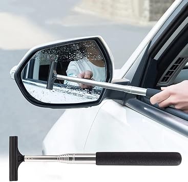 Retractable Car Rearview Mirror Wiper Portable Auto Mirror Squeegee Cleaner Long Handle Car Cleaning Tool Mirror Glass Mist Cleaner, Length Up to 98cm/38.6inch Black 212095