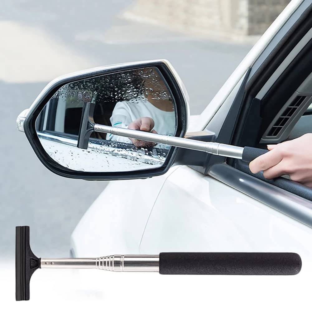 GreceYou Retractable Car Rearview Mirror Wiper Portable Auto Mirror Squeegee Cleaner Long Handle Car Cleaning Tool Mirror Glass Mist Cleaner, Length Up to 98cm/38.6inch (Black) (212095)