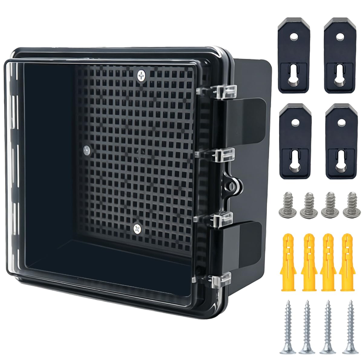 Otdorpatio Junction Box, Hinged Black Clear Cover IP67 Waterproof ABS Project Box with Mounting Plate Electrical Box Enclosure with Wall Bracket 5.9 x 5.9 x 3.5inch(150x150x90mm)