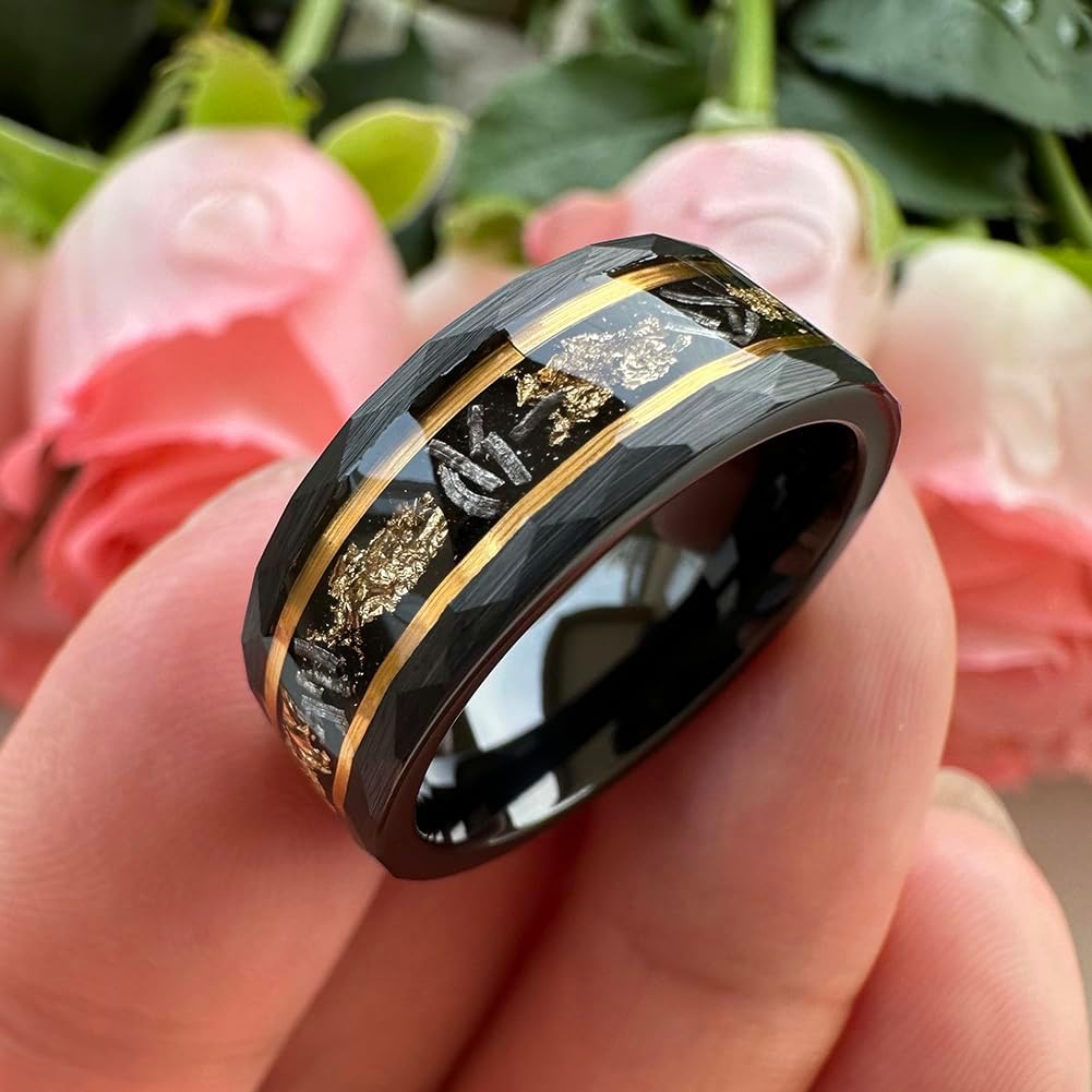 8mm Silver/Black Hammered Tungsten Rings for Men Women Meteorite Chip Gold Foil Inlay Promise Engagement Wedding Band Matte Finish Comfort Fit - Image 4