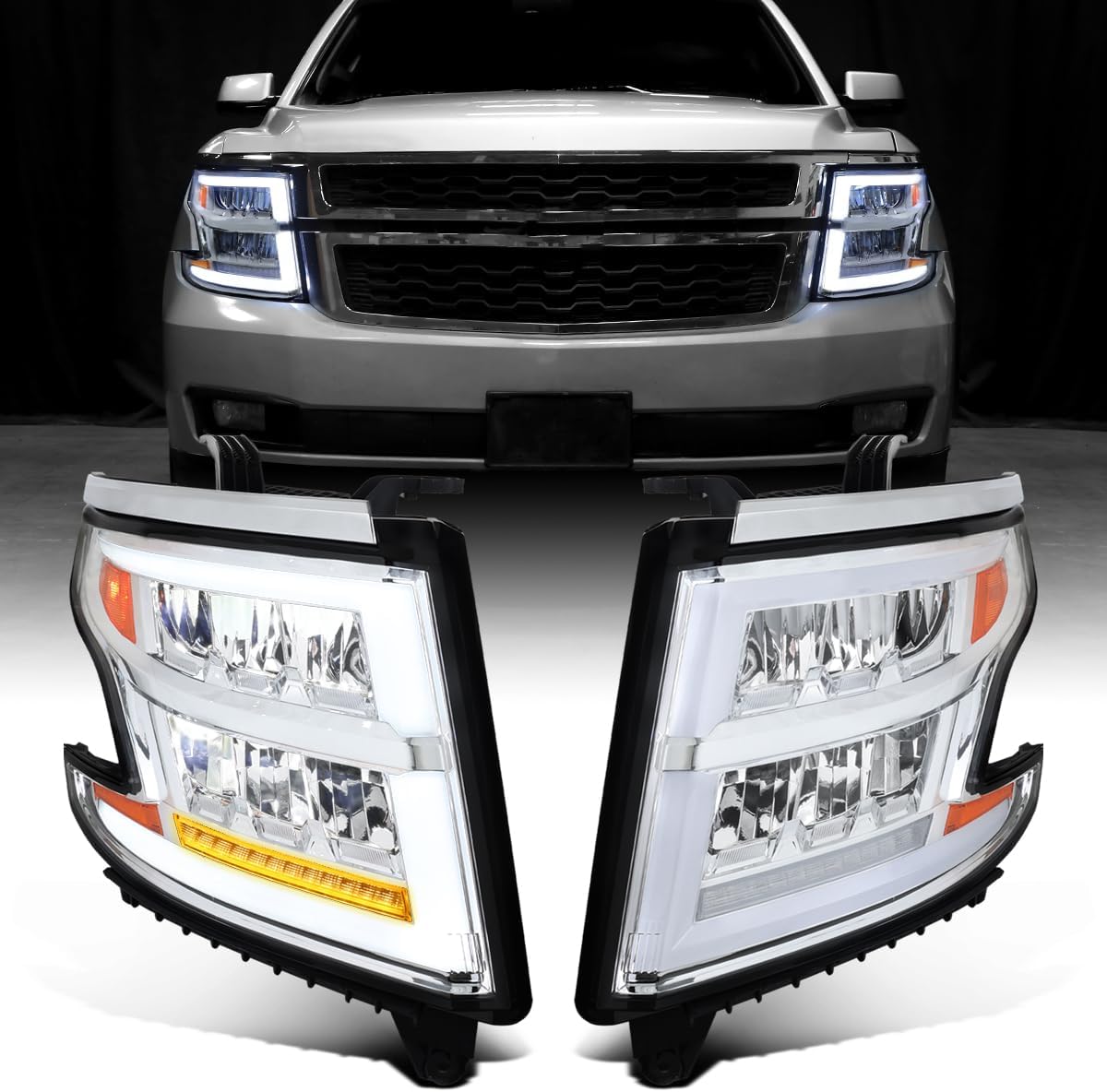 Ronnin - Fits 2015-2020 Chevy Tahoe Suburban Full LED DRL Headlights Switchback Sequential Turn Signal + Animated Startup Effect Assembly Pair | Chrome