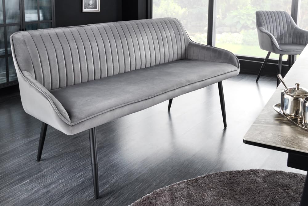 Riess Ambiente Design Sitzbank Turin 160cm Silbergrau Samt schwarz Metall Armlehne Polsterbank mit Samtbezug, Esszimmermöbel, Flurmöbel