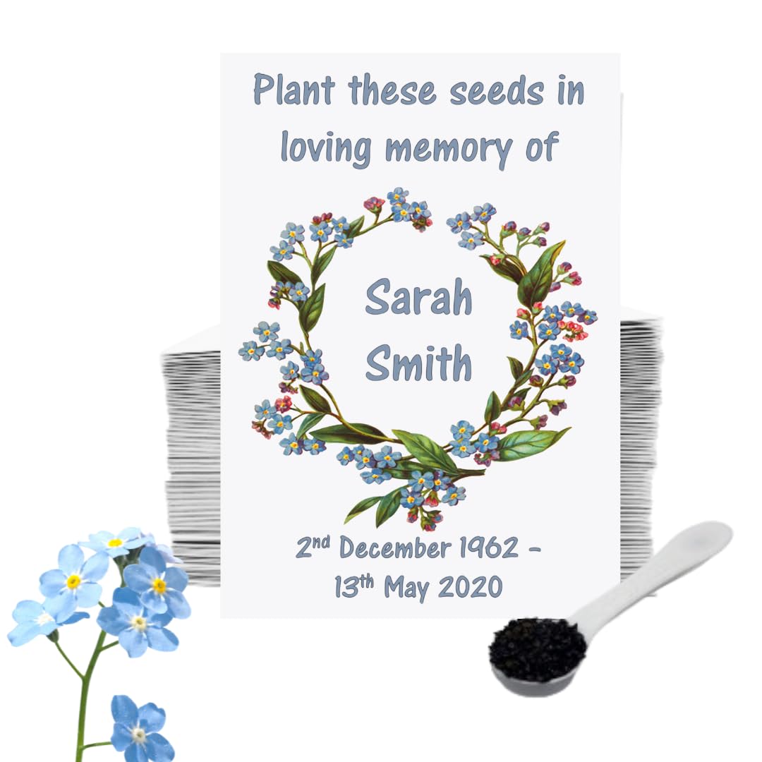 25 Funeral Forget Me Not Seed Packets – Personalised Remembrance Favour • Memorial Condolence Gifts for Guests • Celebration of Life Keepsake (Wreath Design) — image 1