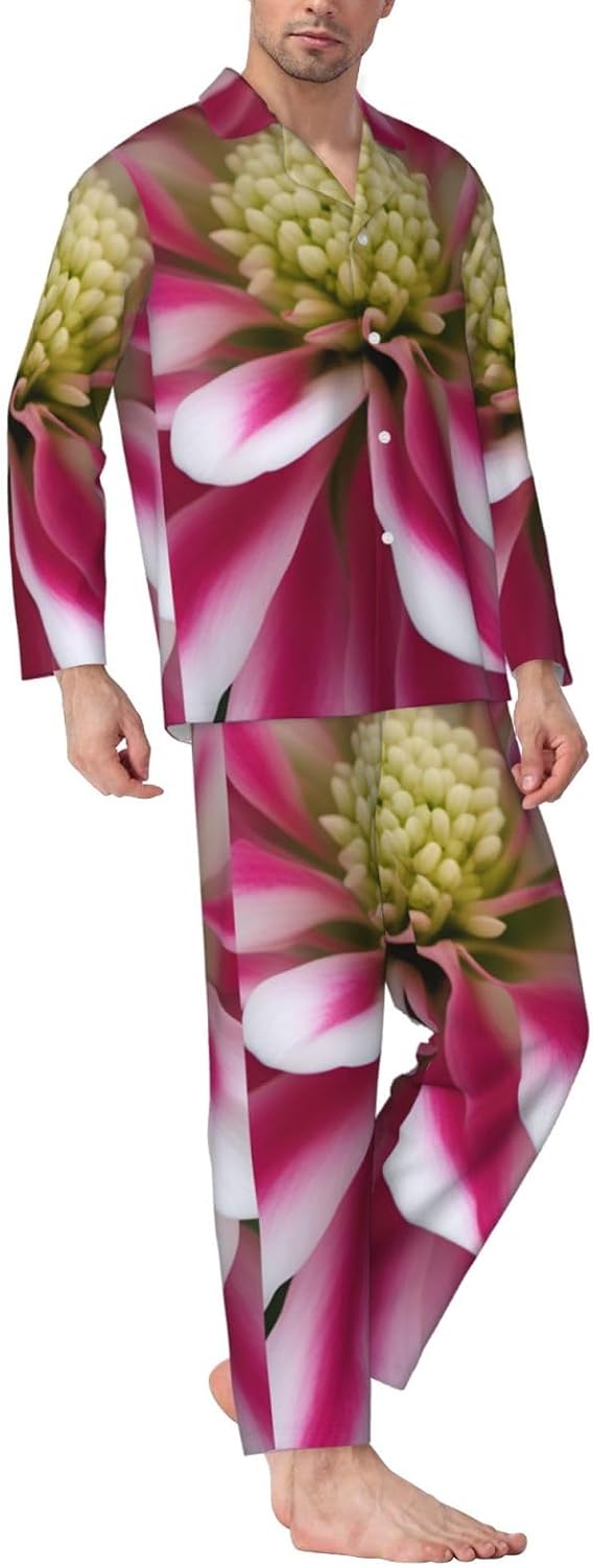 Pink And White Flower Print Luxurious Mens Pajamas Set,Breathable Pajamas Set,Perfect For Lounging Bed,Sofa