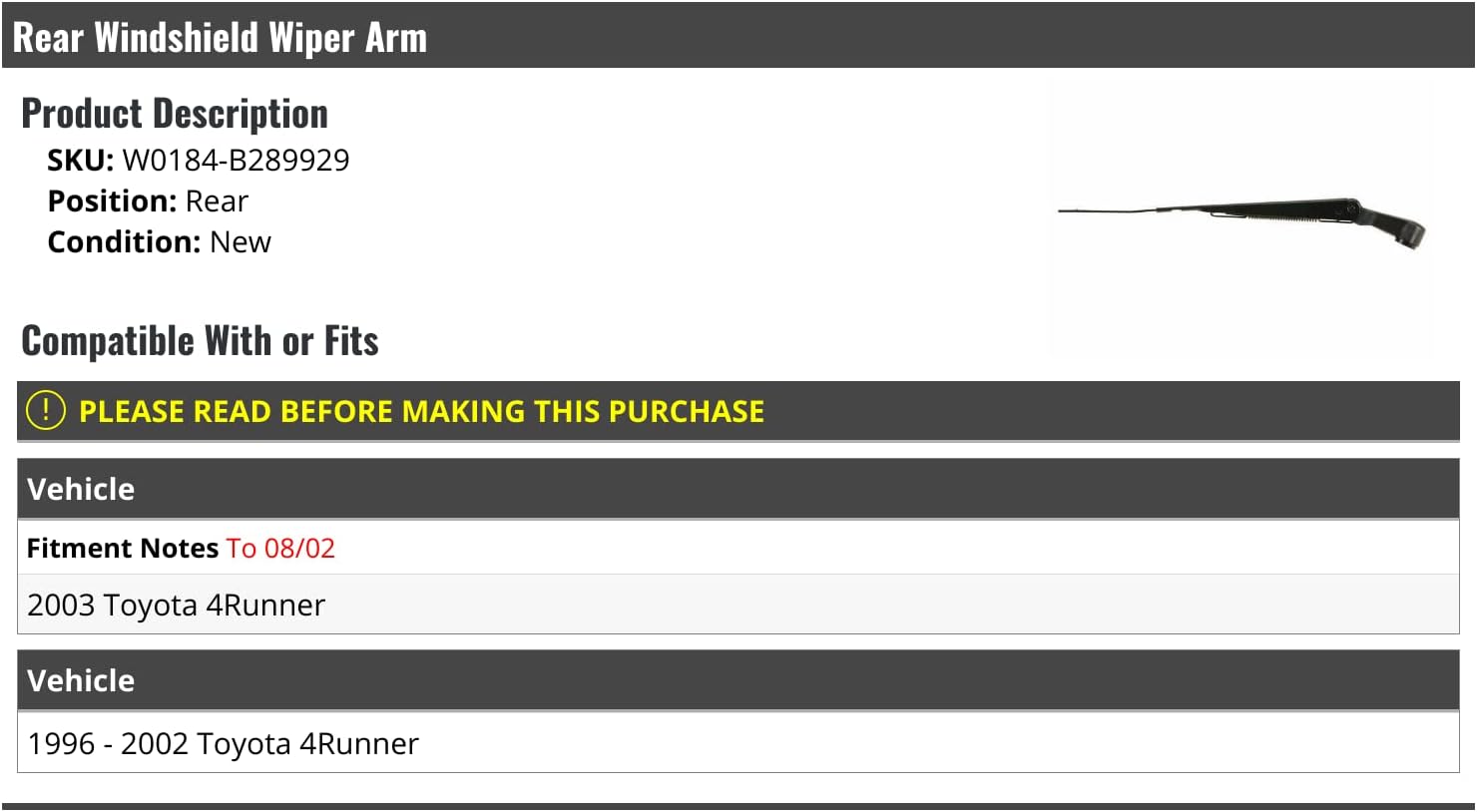 Marketplace Auto Parts Rear Windshield Wiper Arm - Compatible with 1996-2003 Toyota 4Runner (Up To 08/2002) (W0184-B289929)