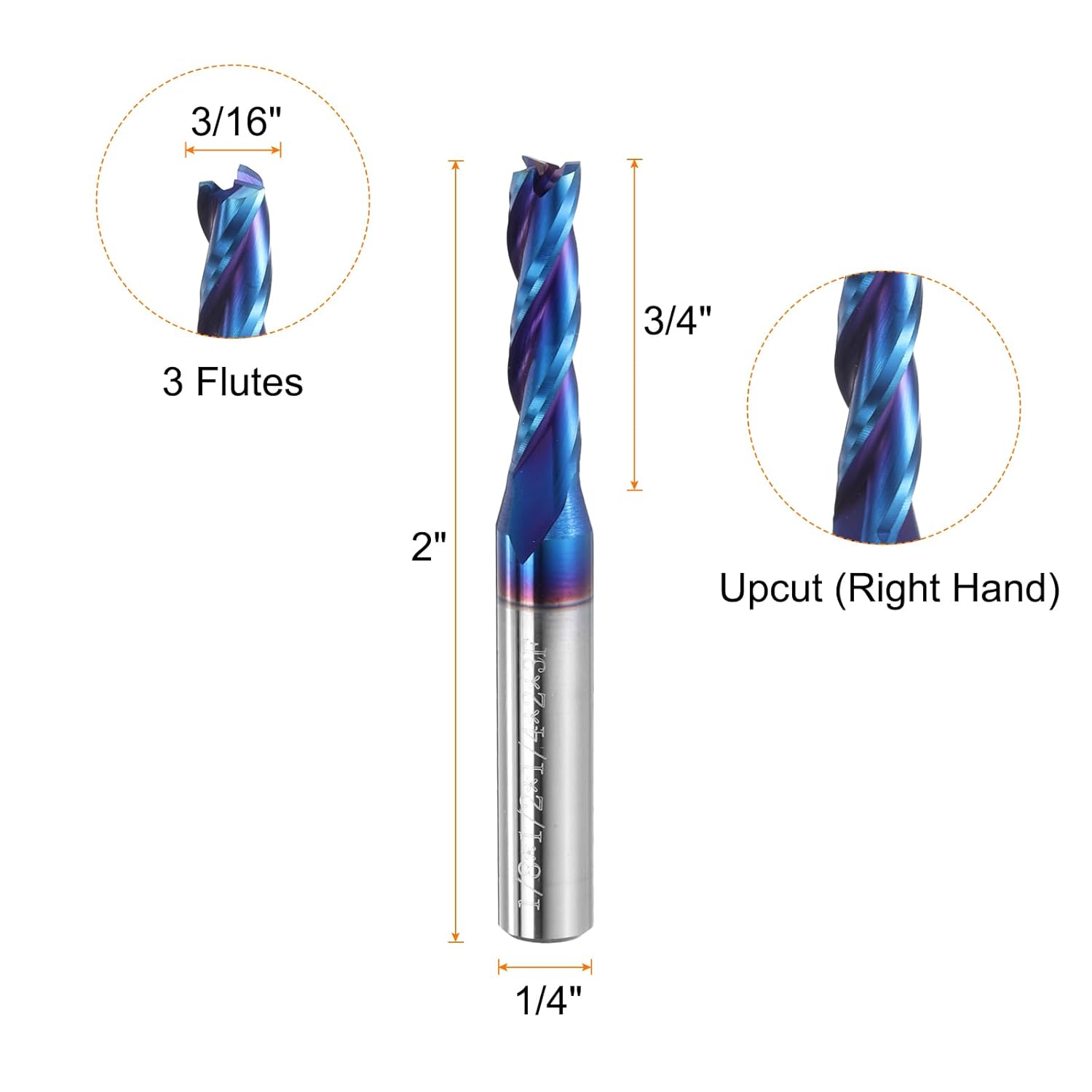 HARFINGTON Spiral Router Bit 3/16" Cut Dia 1 Flute Up Cut Nano Blue Coated End Mill Bits Milling Cutter for Wood (1/4" Shank 3/4" Cut Length 2" Long 30 Degree Helix HRC44-46)