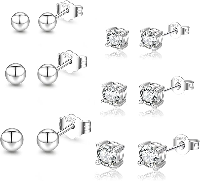 Sterling Silver Stud Earrings For Women 6 Pairs Gold Ball Earrings Hypoallergenic Tiny Cartilage Gold Earrings Studs Set With Cubic Zirconia For Girls Women Men 2/3/4 mm EXGOX