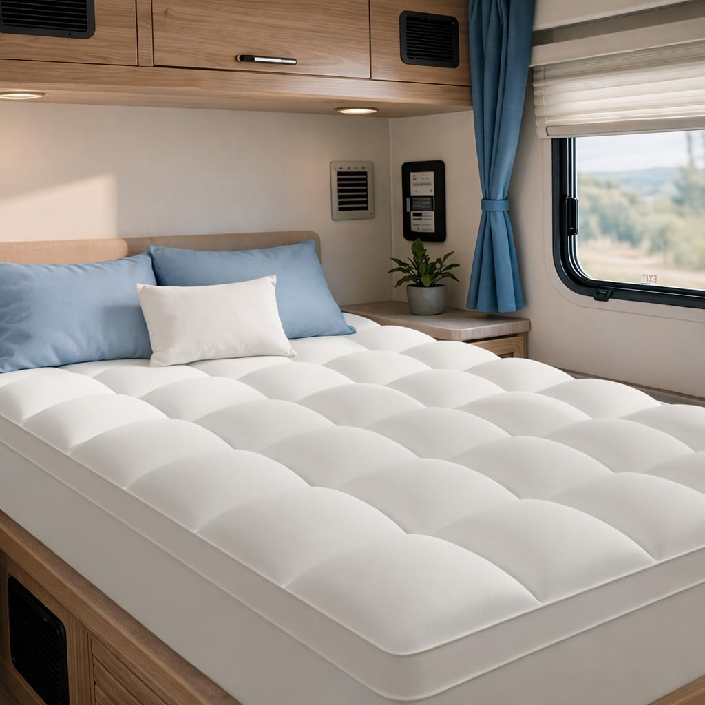 ELEMUSE RV Short King Mattress Topper, Thick Pillow Top Mattress Pad | Plush comfort with overfilled fill. Deep pocket fits RV short king beds, an RV essential for campers, motorhomes and trailers