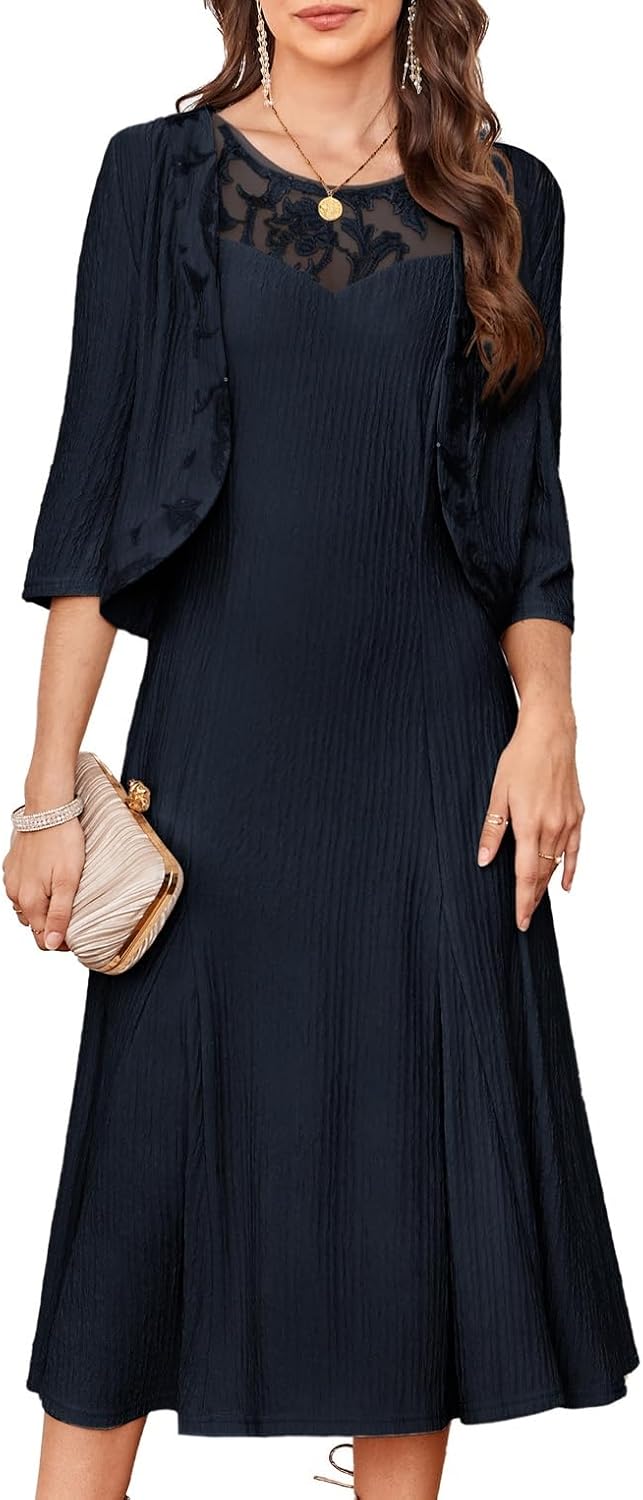 GRACE KARIN Mother of The Bride Dress - Wedding Guest Formal Evening Dress - Lace Sequins Midi Dress with Jacket