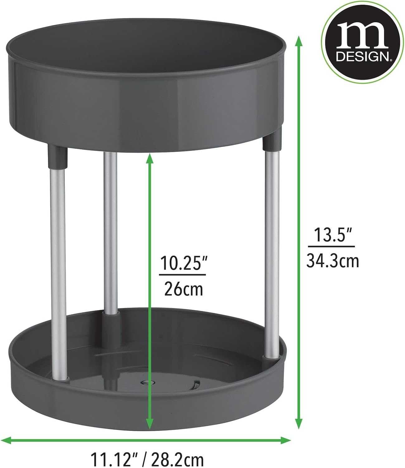 mDesign Spinning 2-Tier Lazy Susan Turntable Storage Tower, Rotating Organizer for Bathroom Cabinet, Vanity Counter, Closet, or Sink - Carousel Makeup Organizer, Linn Collection, Black/Silver