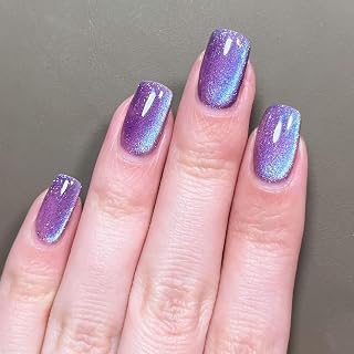 Purple Press on Nails Short Square Press on Nails Soft Gel Fake Nails Cat Eye False Nails Shiny Acrylic Glue on Nails Reusable & Natural Artificial Nails Full Cover Stick on Nails for Women 24 Pcs