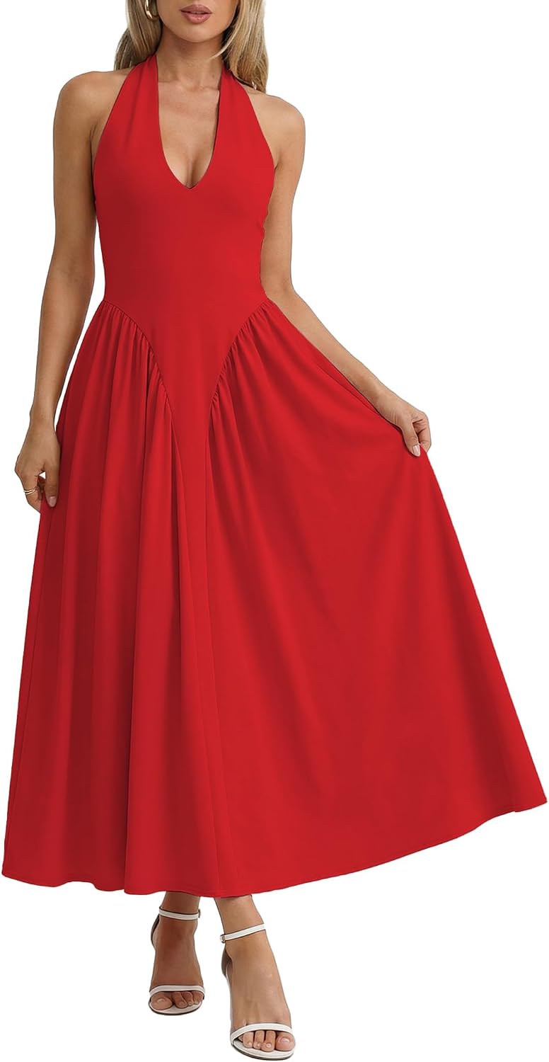 Women Halter V Neck Maxi Dress Sleeveless Drop Waist Corset Formal Sexy Flowy Aline Beach Wedding Guest Long Sundress