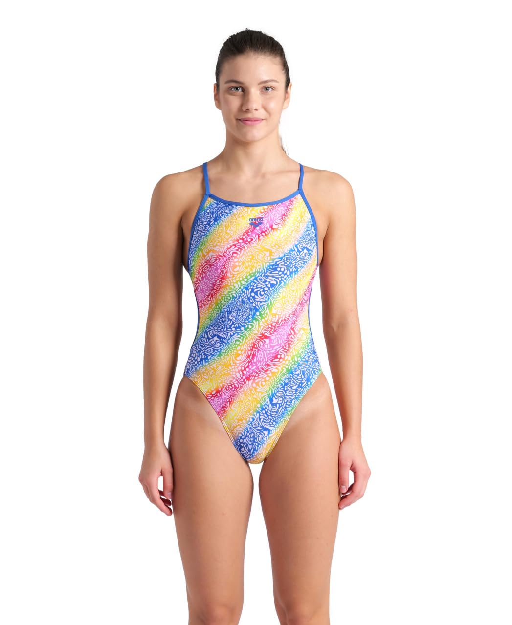 ARENA Performance Let It Beat Collection Women's Swimsuit Lace Back Printed One Piece MaxLife Training Suit Competitive Ladies Bathing Suit, Royal/White Multi, US Size 30