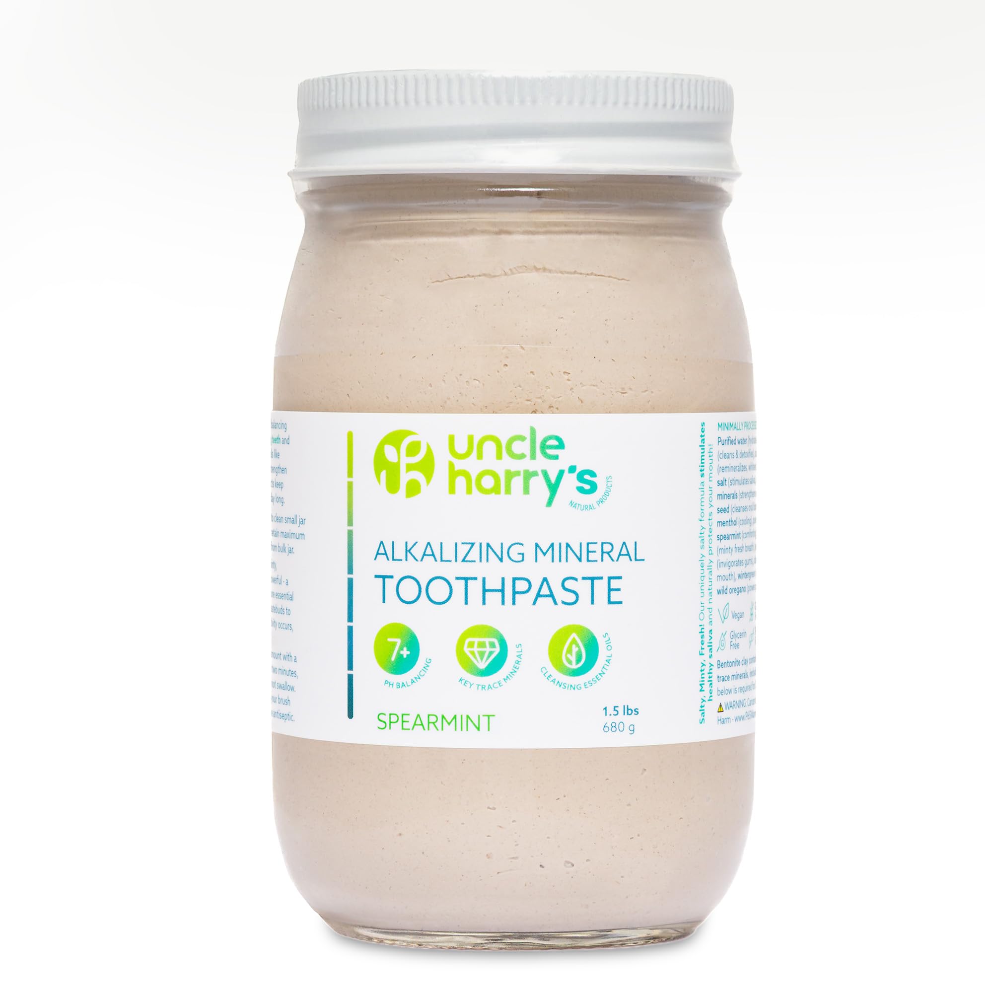 Uncle Harry's Spearmint Remineralizing Toothpaste 1.5 lb jar | Natural Whitening Tooth Paste Freshens Breath & Promotes Enamel | Vegan Fluoride Free Toothpaste