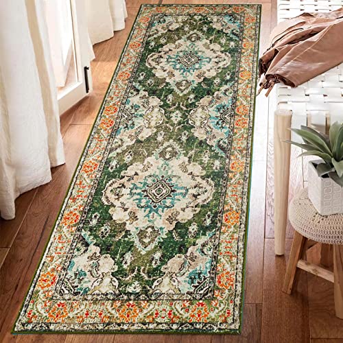 Hoxcik Bohemian Washable Hallway Runner Rug,2'X8' Green Medallion Area Rug Non-Slip Rug For Bedroom Living Room Kitchen Laundry Bathroom #TOP5