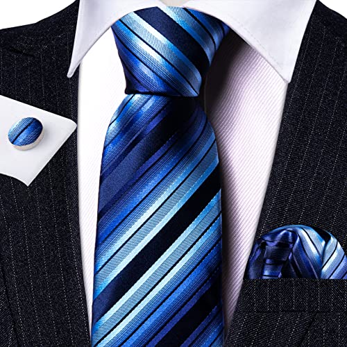 Barry.wang Stripe Men Ties Set Classic Woven Necktie With Handkerchief Cufflinks Formal Blue #TOP2