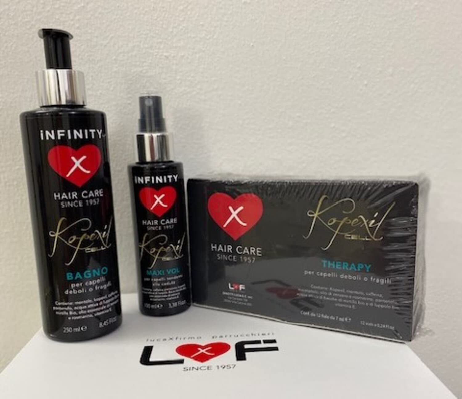 Infinity Hair Care Kopexil Cell, kompletny zestaw do pielęgnacji włosów skłonnych do wypadania włosów, składający się z 1 szamponu, 1 objętości sprayu i 12 ampułek
