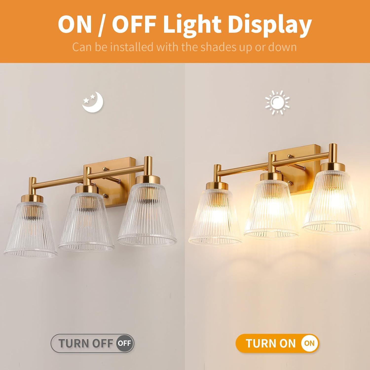 OCIOC 3-Light Bathroom Vanity Light, Modern Gold Wall Light Fixture With Stripe Glass, Farmhouse Bathroom Wall Sconces for Mirror, Kitchen, Bedroom, Living Room, Hallwa
