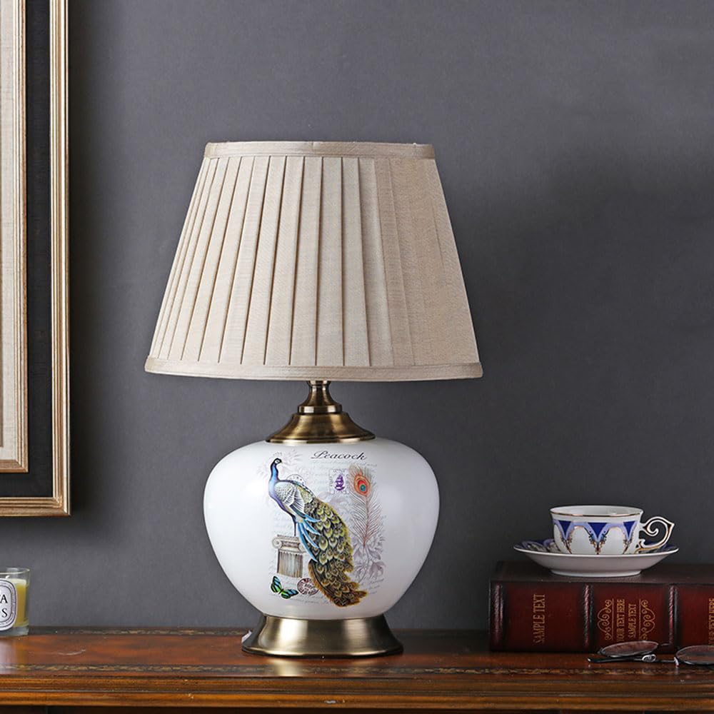 asdchZen American Flower And Bird Ceramic Table Lamp, Hand-Painted Chinoiserie Lamp, Fabric Lampshade Nightstand Lamp For Bedroom Living Room Office College Bookcase-F,C