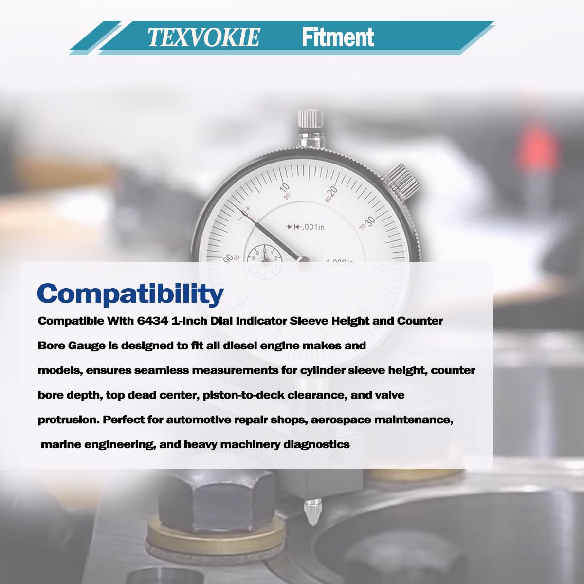 6434 Sleeve Height and Counter Bore Gauge Fits for All Diesel Engines Cylinder Bore Gauge Range 0-1.00", Reading 0-100, Graduation 0.001"