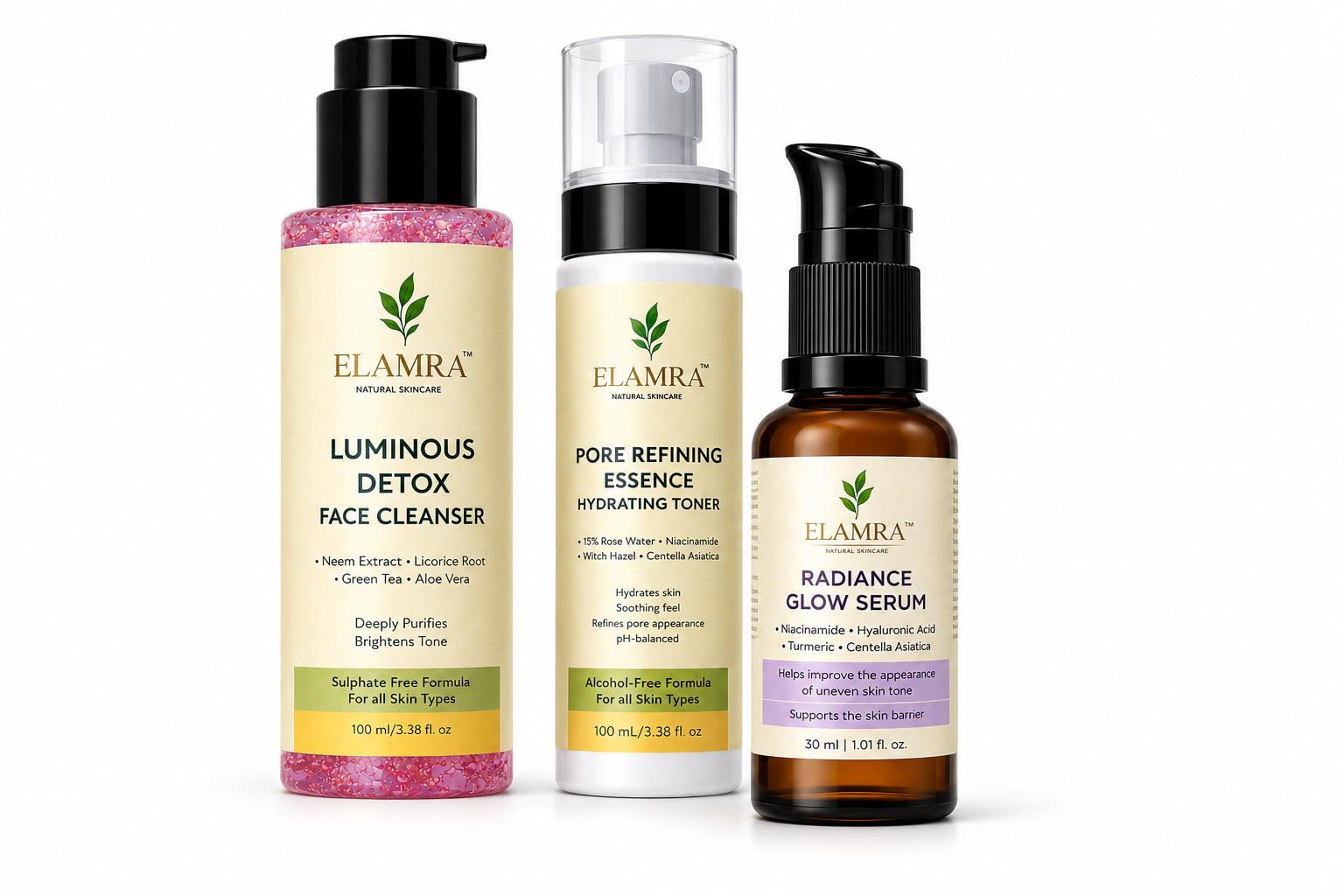 ELAMRA Skincare Combo for Women | Face Wash + Toner + Serum | Niacinamide Hyaluronic Acid Neem Rose Water | Glow Kit for Oily Dry Skin | Sulphate Free Alcohol Free | Complete 3-Step Routine-image-35