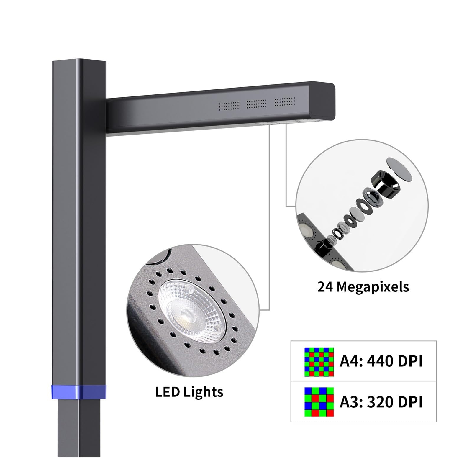 Escáner de libros, escáner de documentos de 24 MP, cámara de documentos USB portátil, escaneo en formato máximo A3 con altura ajustable