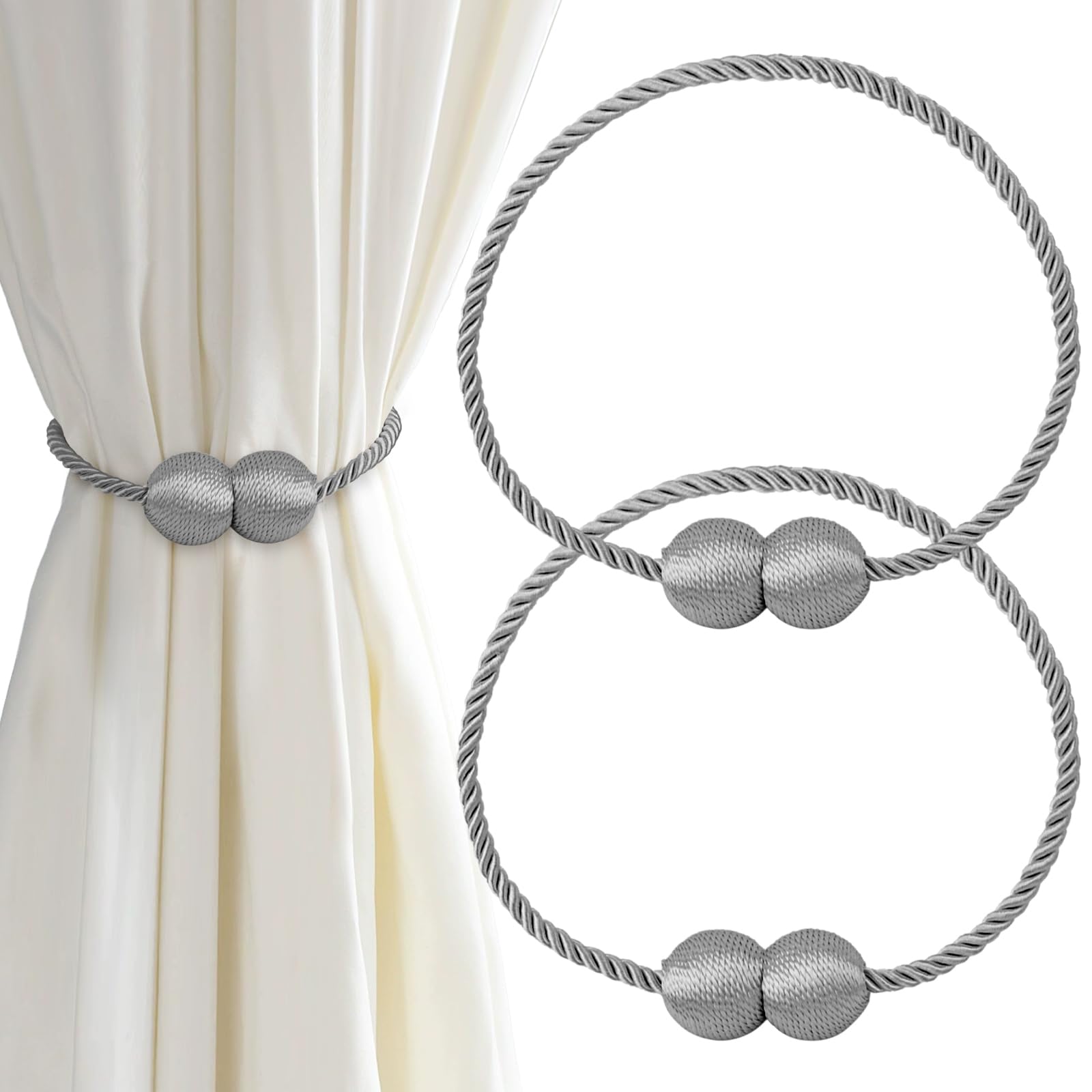 Lunhoo 2 Pack Magnetic Curtain Tiebacks, Curtain Holdbacks, Curtain Ties for Home Bedroom Office Decorative (Sliver-grey)
