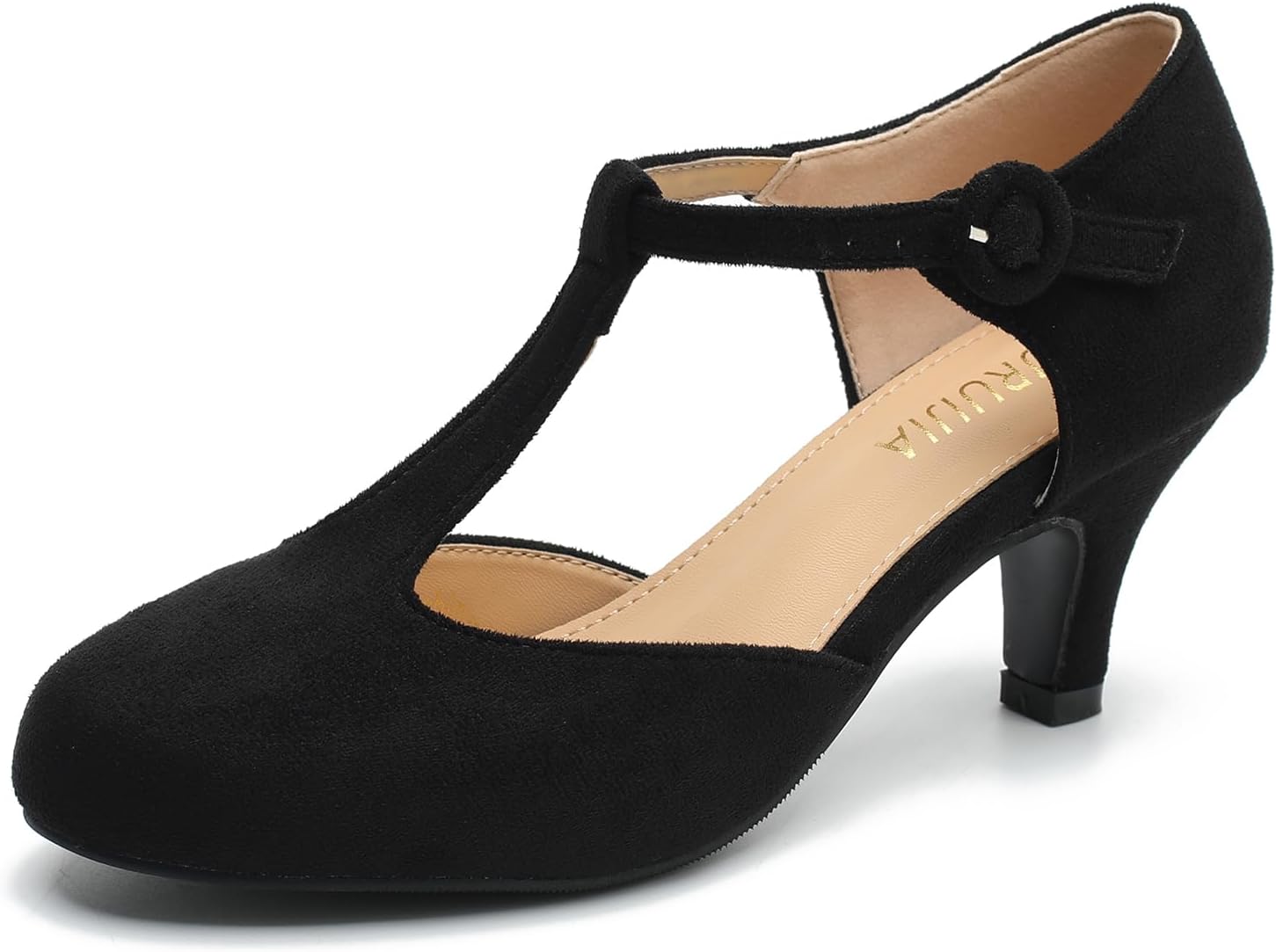 LIURUIJIA Women's T Strap Mary Jane Kitten Heels Pumps Vintage Low Heel Dress Shoes for Wedding Party Work Church Black Suede 8.5