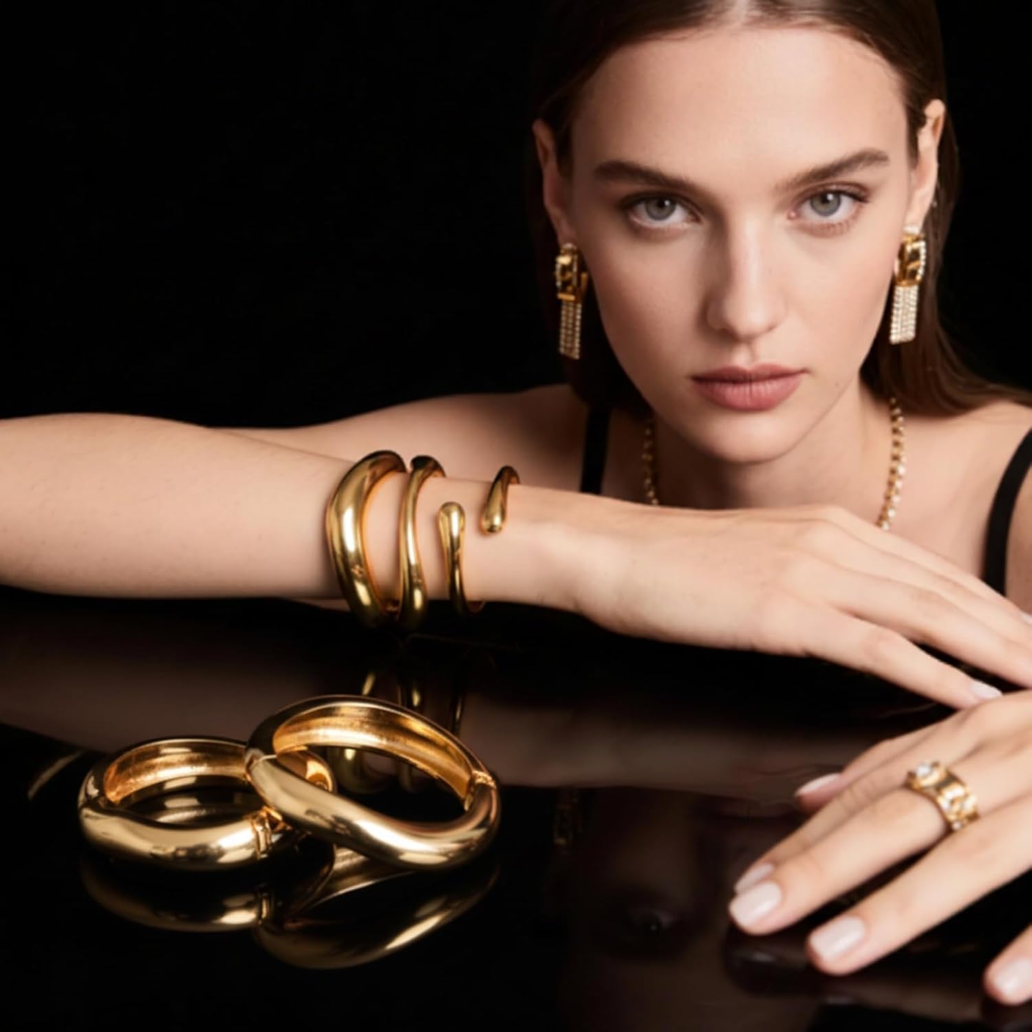 4 Pcs Chunky Gold Bangle Bracelets for Women Golden Plated Stackable Bracelet Set Cuff Big Statement Bangles Trendy Cuff Stack Fashion Gifts - Image 4