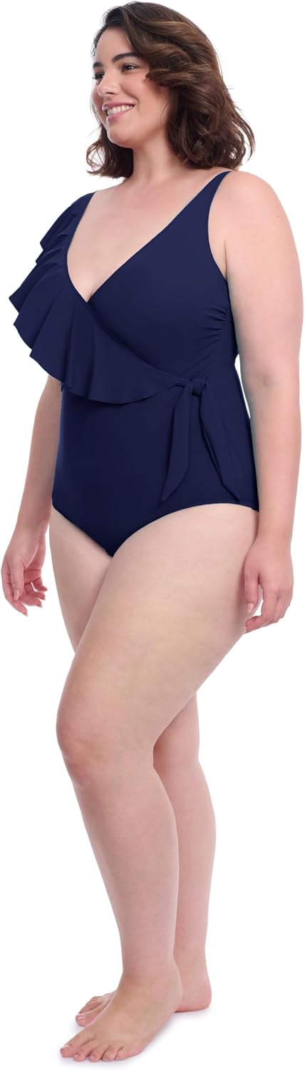 Profile by Gottex Womens Plus Size V-Neck One Piece Swimsuit with Asymmetrical Ruffle Surplice, Soft Cups,Tummy Control