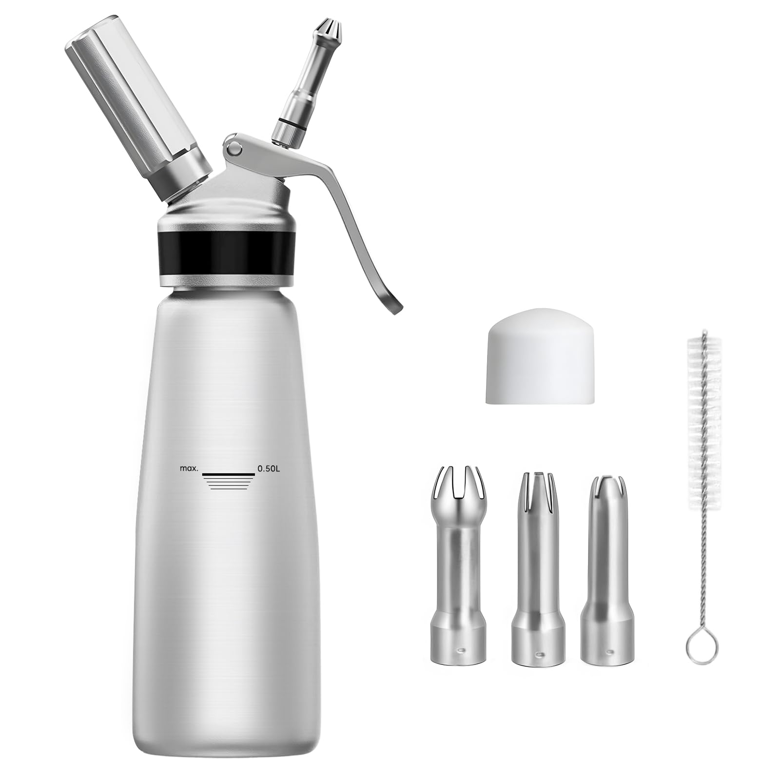 Aluminium Sahnespender, Auslaufsicher, mit Sahnekapseln & Reinigungsbürste, 500 ml