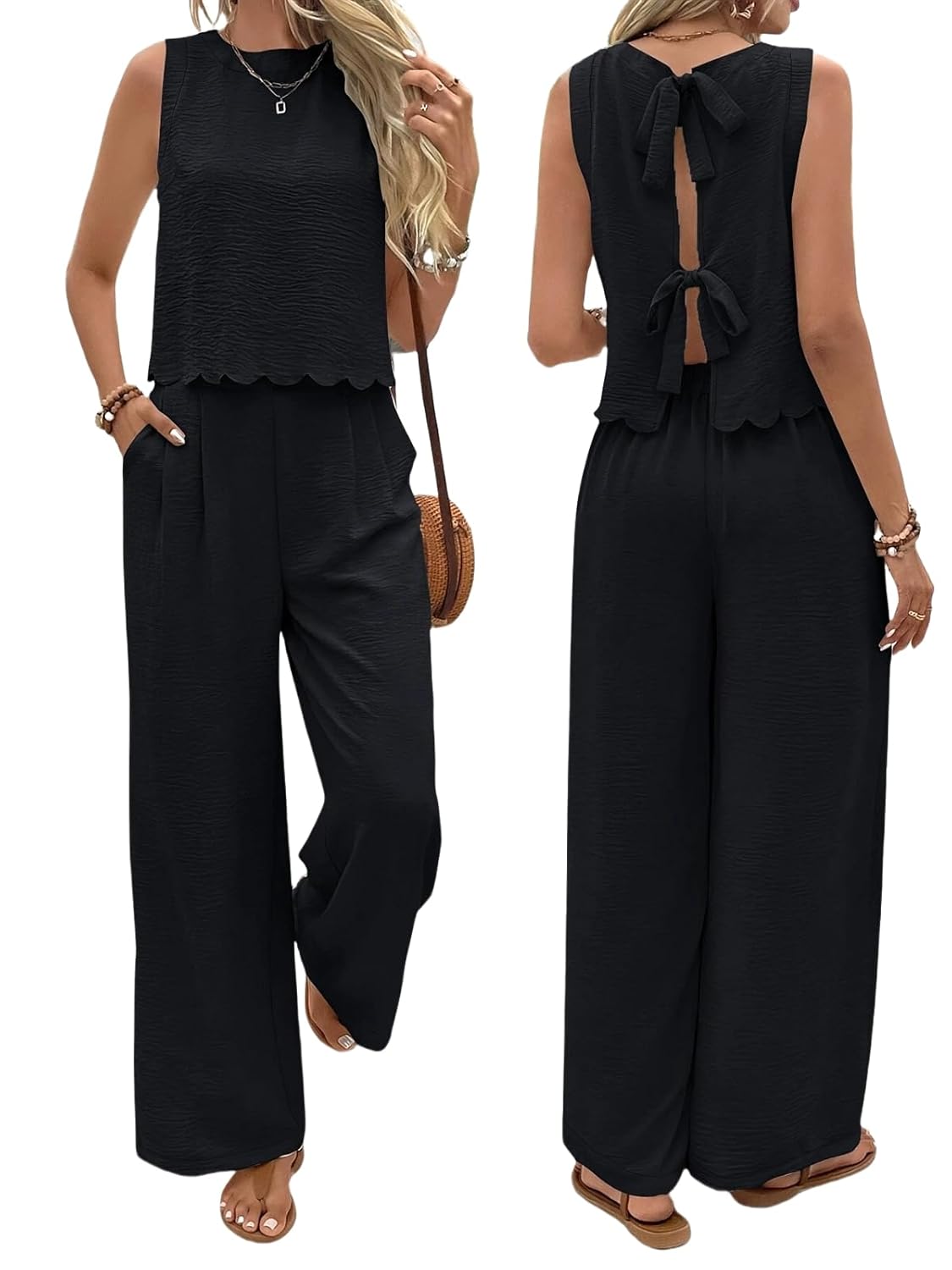 2 Piece Sets for Women Summer Outfits Sleeveless Vest and Wide Leg Pants Back Tie Detail