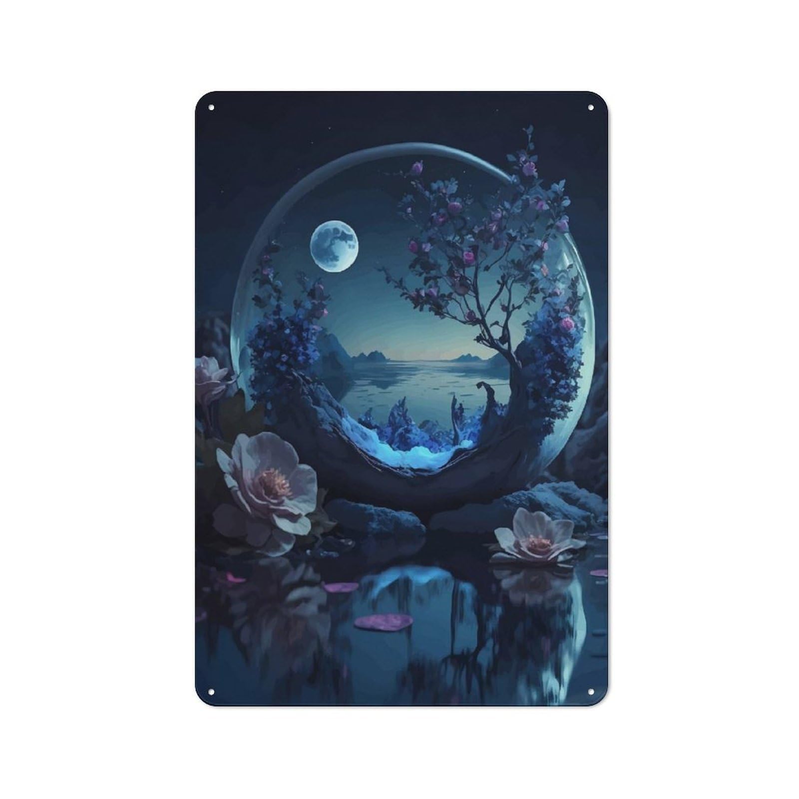 Junmoney Style-22 Creative Enchanted Nightscape In Glass Orb Tin Sign 30X20cm, Study Room Decor For Workspace, Cafe, Shop Or Desk Area