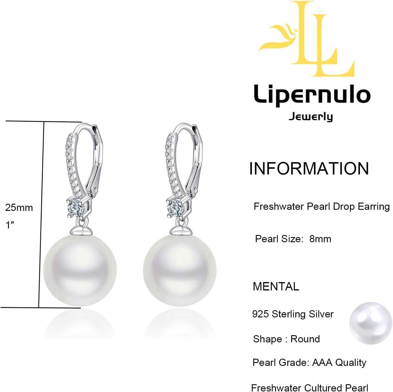Freshwater Pearl Hoop Earrings, 8-10mm 925 Sterling Silver Cultured Pearls Drop Dangle Earrings with Cubic Zirconia, Wedding Anniversary Jewelry Gifts for Women - Image 6