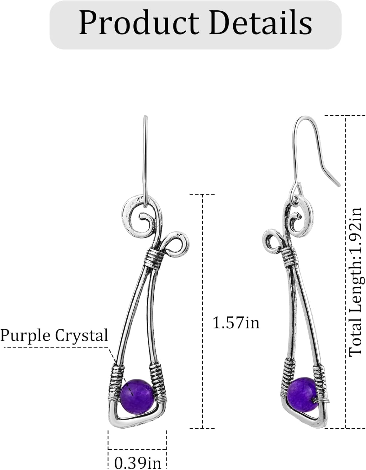 Silver and Purple Stone Twist Amethyst Crystal Geometric Dangle and Drop Bohemian Lightweight Vintage Earrings for Women - Image 9