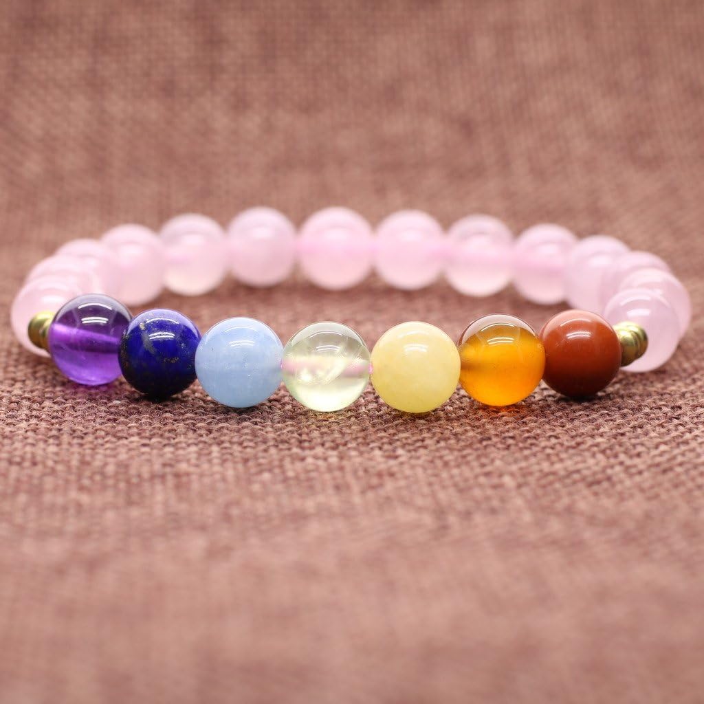 HsingFu Girls Natural Crystals 7 Chakra Rose Quartz Yoga Meditation Healing Bracelet S, pink, Small - Image 3