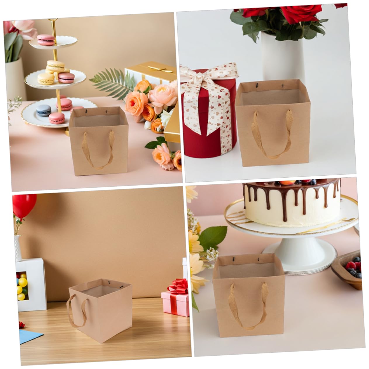 OUNONA 10 Sacchetti Regalo in Carta Kraft Quadrati con Manico, 25x25x25cm, Resistenti e Sostenibili, per Fiori, Dolci e Confezioni Regalo per Feste e Spedizioni