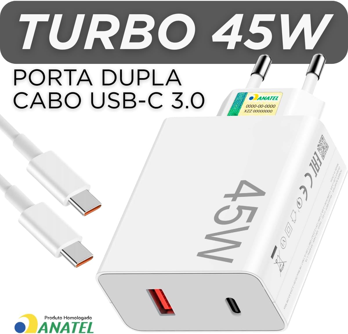 Carregador Turbo 45W Ultra Rápido Tipo C e USB Com Carregamento Rápido + Cabo Tipo C Compatível Com Todos Os Dispositivos, Android, Ios 15/16, Xiaomi - Todos Dispositivos Celulares
