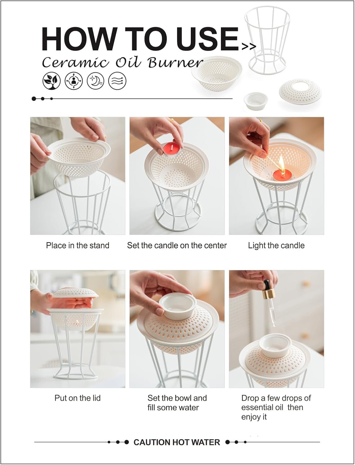 Ceramic Oil Burner with White Iron Stand and 10 Tea Light Candles, Aromatherapy Diffuser Set for Home Essential Oil Fragrance & Candle Holder