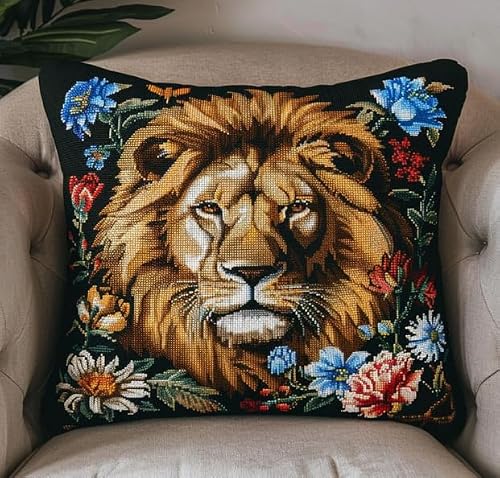 FanZheZhe Cross Stitch Cushion Cover Tapestry Flower Lion 45x45cm Needlepoint Craft Set Pre Printed Handmade Cushion Cover Kit for Adults Beginners