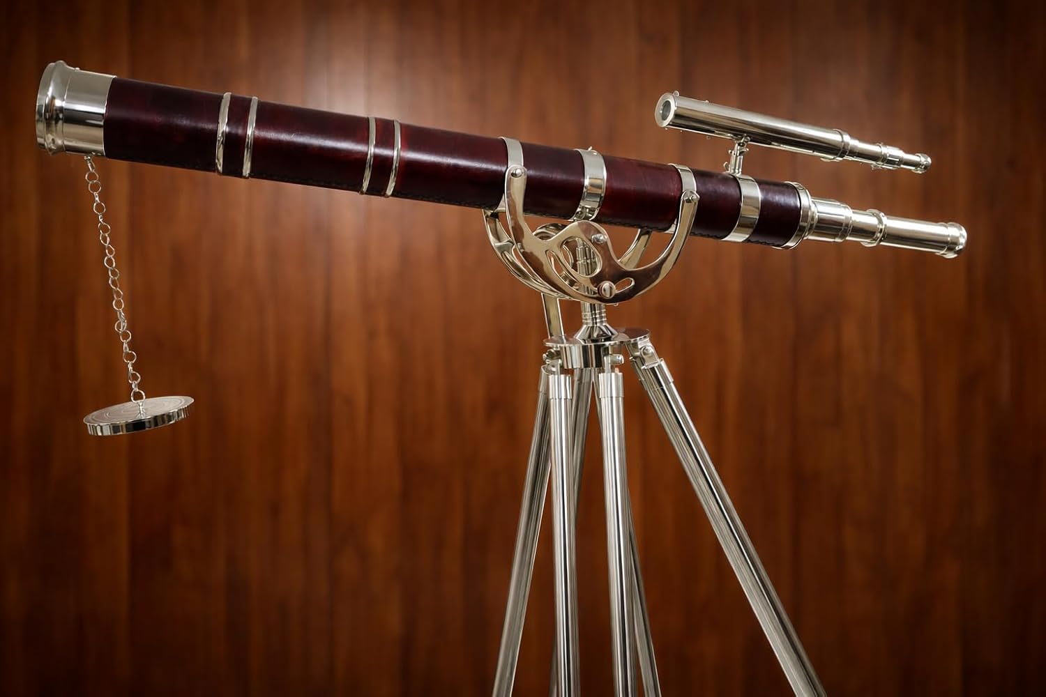 Vintage Nautical Brass Double Barrel Telescope with Adjustable Wooden Tripod – Chrome Finish Spyglass, Red Leather Decorative Collectible for Home & Office