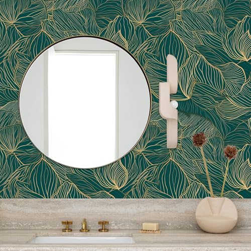 AROMMO Gold Leaves Peel and Stick Wallpaper Self Adhesive Removable Green Wall Paper Contact Paper Waterproof Vinyl Wallpaper for Bedroom Living Room Cabinets 17.71"x236.2" — view 2