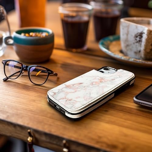 Miniatura 3 de uCOLOR Funda de piel con tapa para iPhone 11 de 6.1 pulgadas, funda protectora para niñas con tarjetero y soporte, diseño de mármol de oro rosa