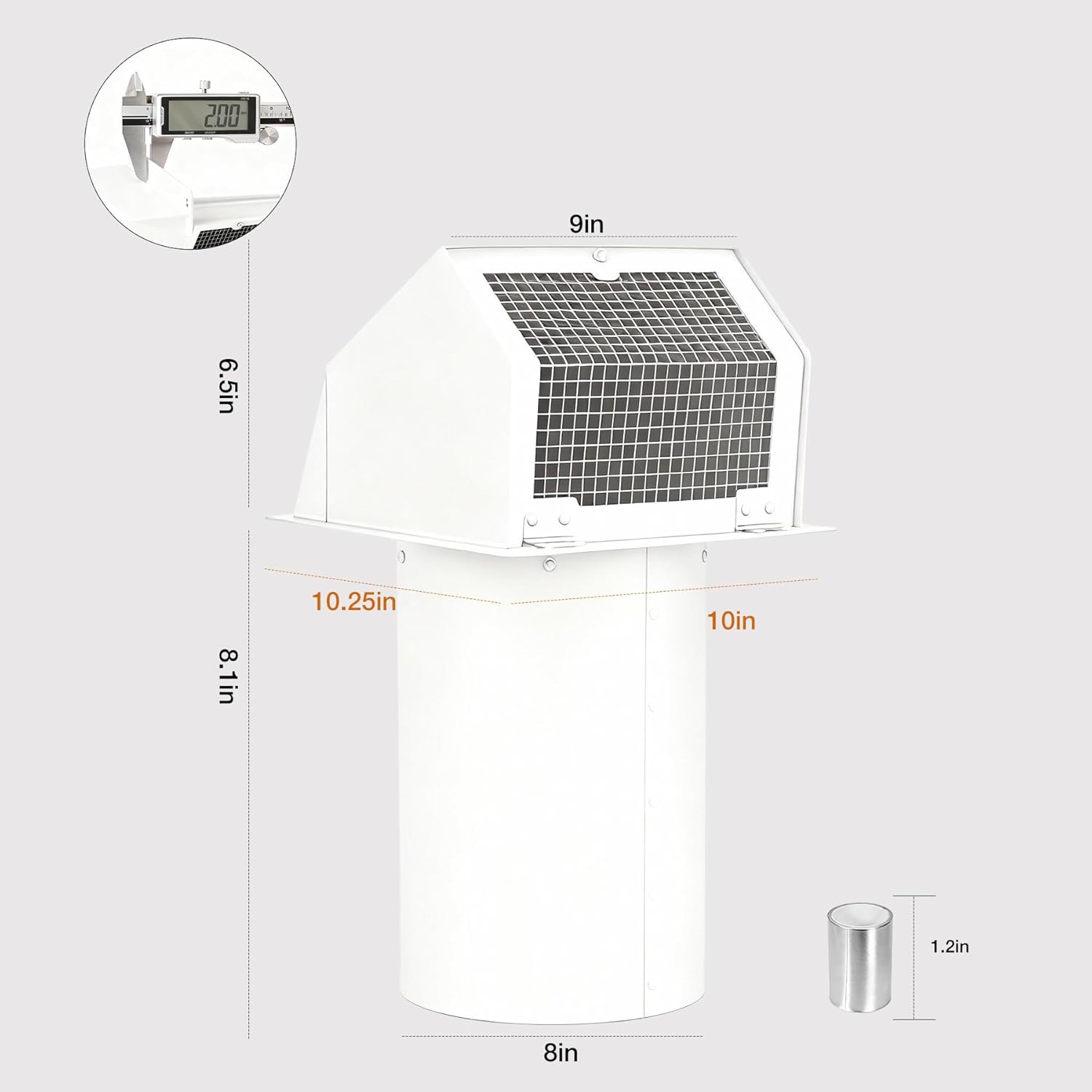 hooded wall vent cover with screen and damper galvanized steel outside wall exhaust vent cover cap for kitchen range hood dryer hvac duct exterior ventilation and air exhaust (white, 8 inch)