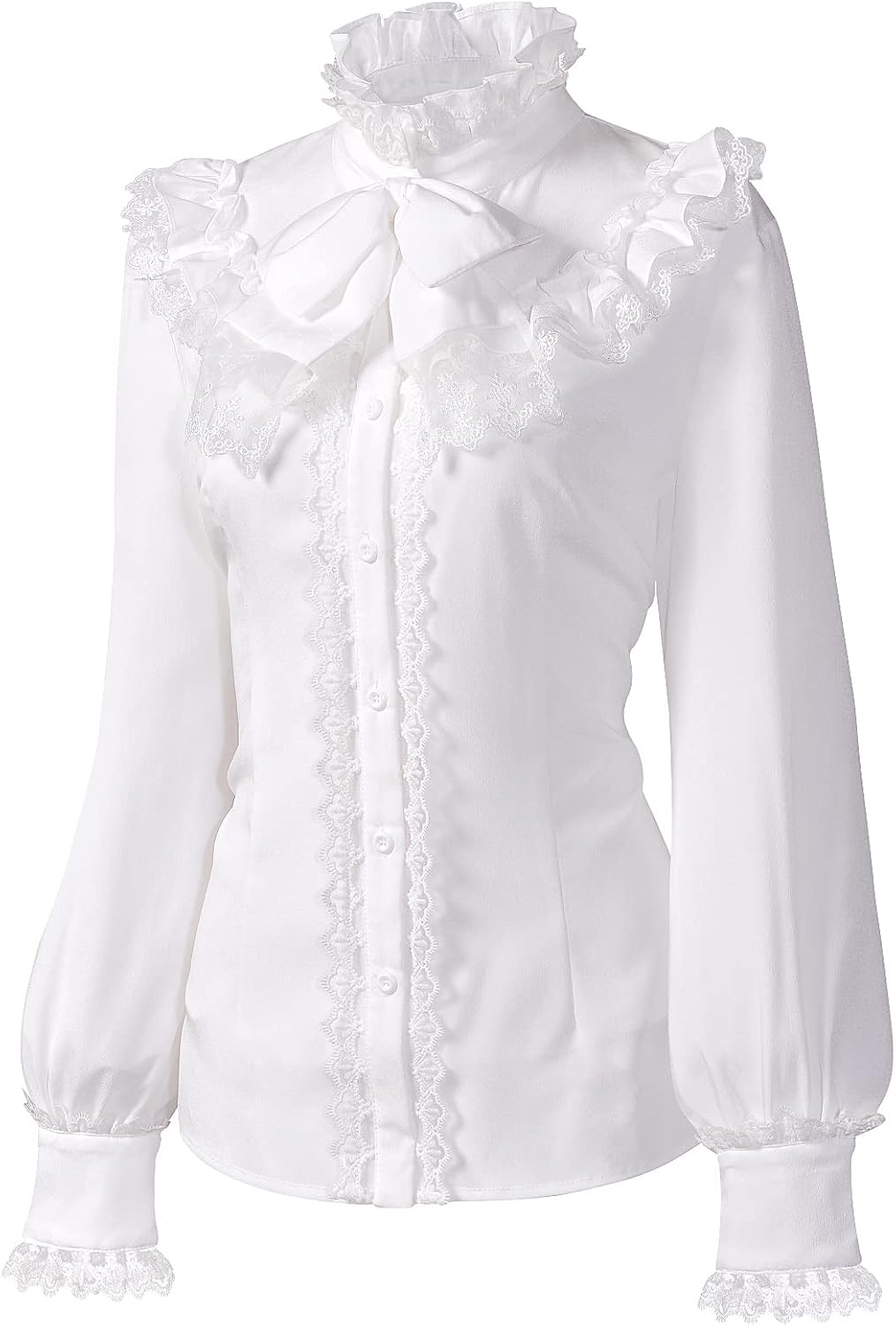 Women's Elegant Vintage Medieval Lotus Shirt Long Sleeve Steampunk Victorian Blouse Ruffle Lace Stand-Up Tops